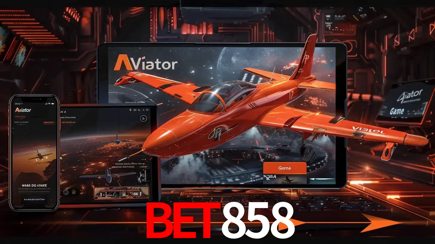 Apresentação tecnológica do jogo Aviator com um avião saindo da tela de um tablet, demonstrando a experiência imersiva em múltiplos dispositivos no BET858.