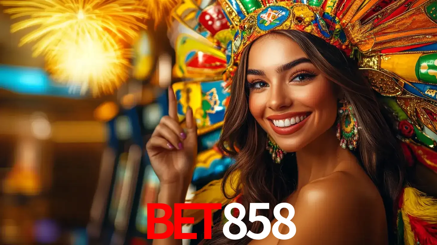 Mulher sorridente com um cocar de carnaval vibrante e colorido, celebrando uma grande vitória nos jogos do cassino BET858 com fogos de artifício ao fundo.