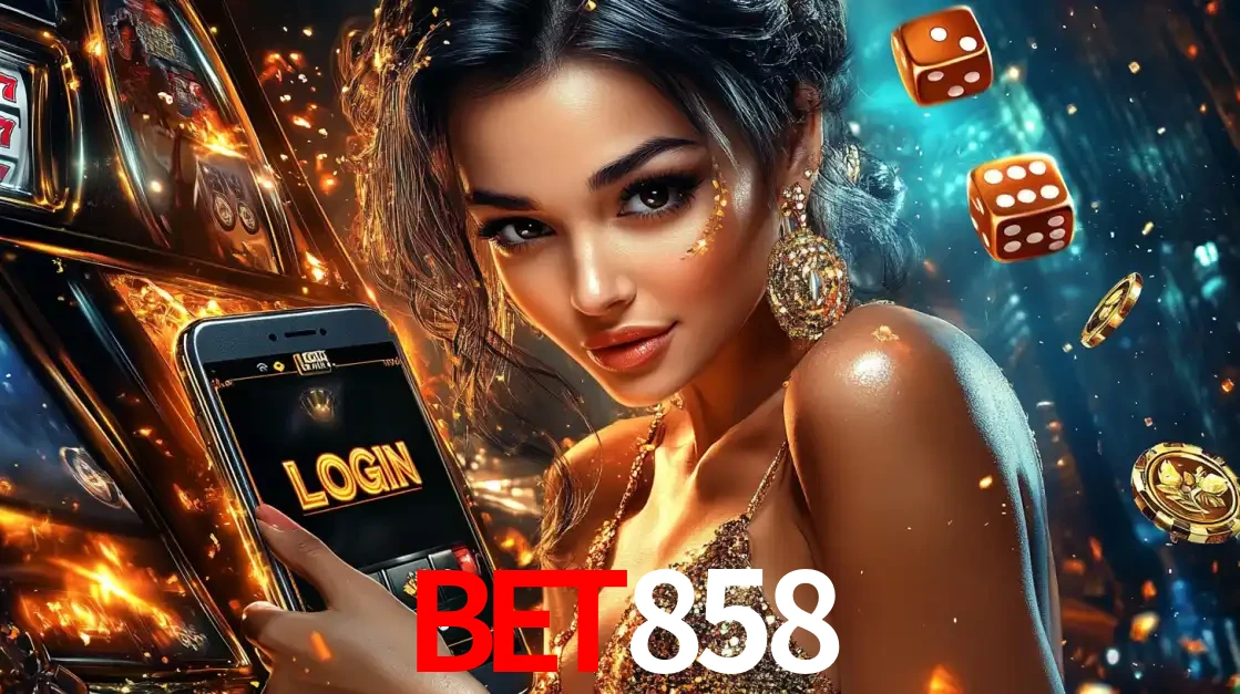 Mulher glamourosa segurando um celular com a tela de login do cassino BET858, rodeada por dados e moedas douradas, pronta para começar a diversão.