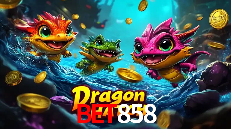 Arte promocional do jogo Dragon Hatch com três adoráveis dragões bebês nadando entre moedas de ouro, um dos slots mais divertidos para jogar no cassino BET858.