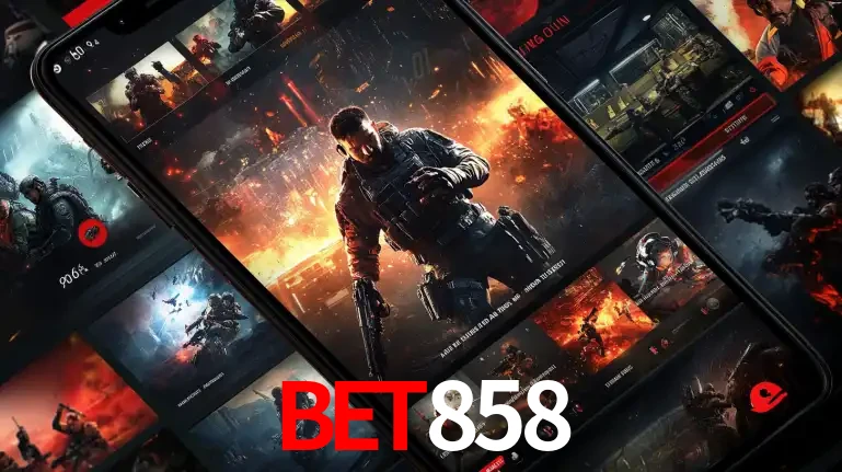 Tela de um celular exibindo uma galeria de jogos de tiro com temática militar, mostrando a variedade de e-sports disponíveis para apostas na plataforma de entretenimento BET858.
