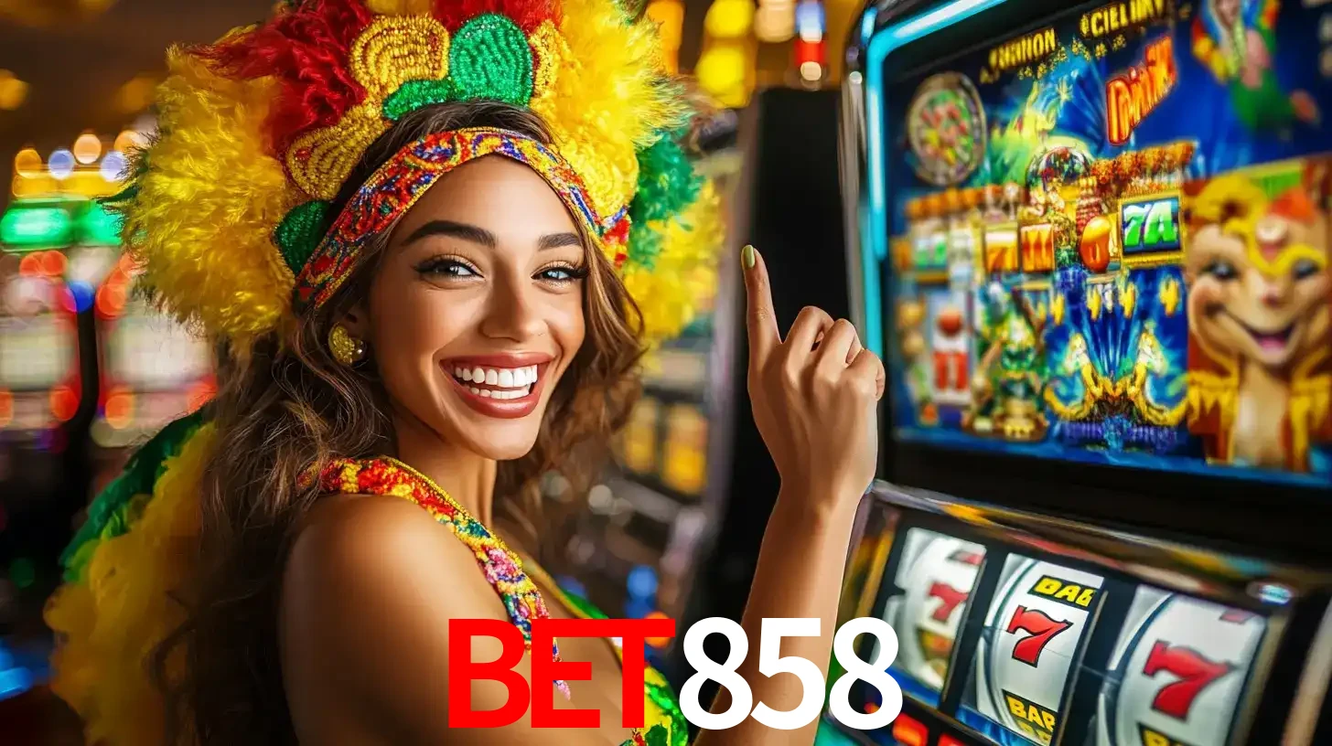 Mulher animada com um cocar de carnaval apontando para uma máquina de caça-níqueis, mostrando a emoção de ganhar um grande prêmio nos jogos do BET858.