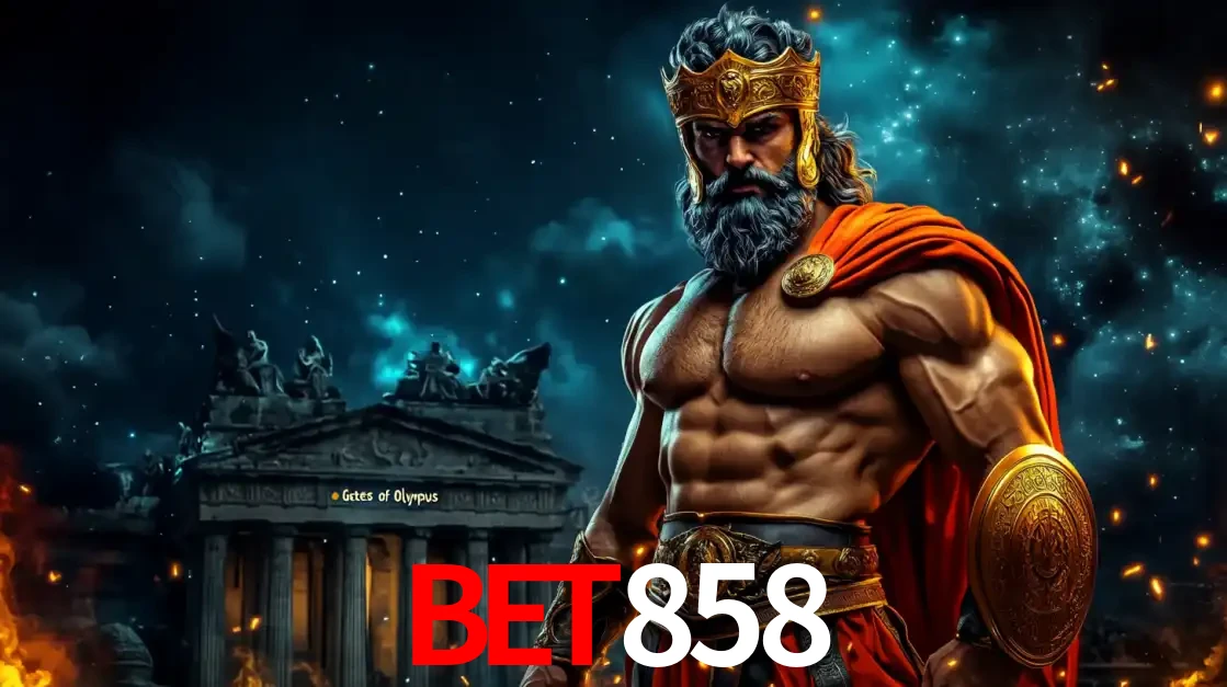 O poderoso Zeus do jogo de slot Gates of Olympus em frente ao seu templo, pronto para lançar multiplicadores divinos e prêmios épicos no cassino online BET858.