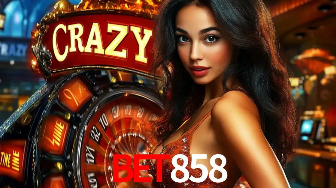 Mulher glamourosa olhando para a câmera com a roda vermelha do Crazy Time ao fundo em um ambiente de cassino, destacando a emoção dos jogos ao vivo no BET858.