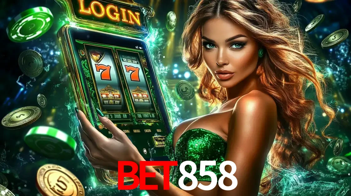 Mulher com tema verde apresentando o aplicativo do cassino BET858 com um jogo de slot de 777, cercada por fichas de cassino e uma aura de sorte.
