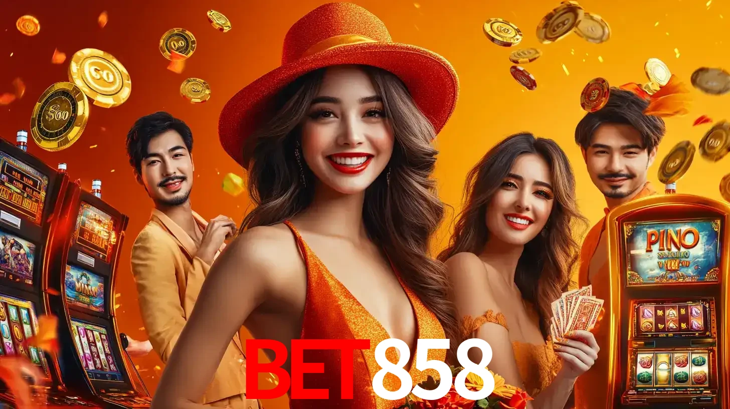 Grupo de amigos asiáticos sorrindo e se divertindo com máquinas de caça-níqueis em um ambiente festivo, celebrando suas vitórias nos jogos de cassino do BET858.