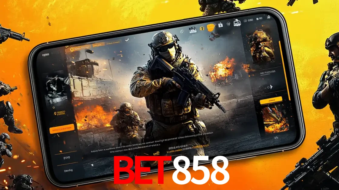 Um smartphone exibindo a interface de um jogo de tiro em primeira pessoa, com um soldado em um cenário de batalha, representando a ação dos e-sports para apostar no BET858.