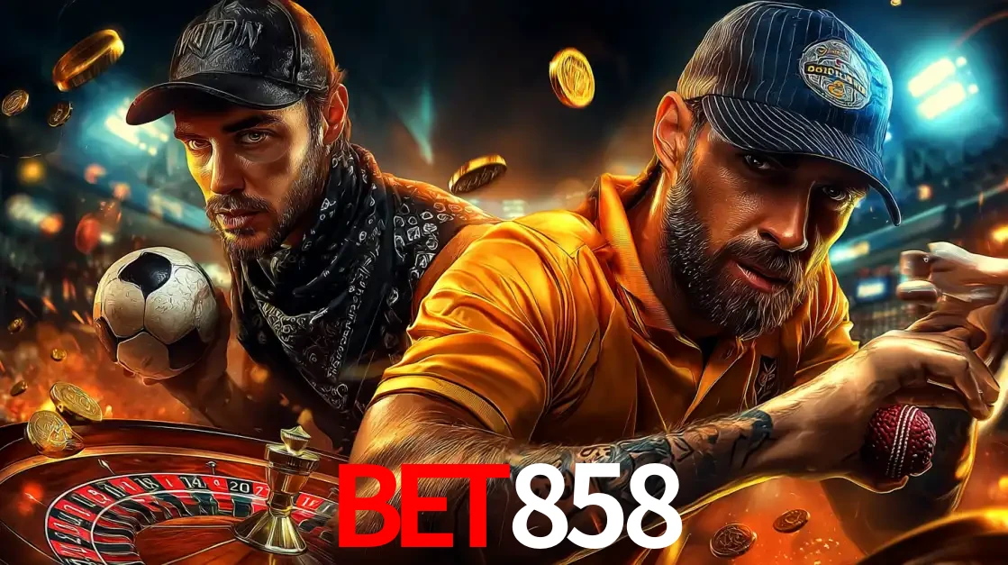 Montagem de apostas esportivas e cassino no BET858, com um homem segurando uma bola de futebol e outro uma de beisebol sobre uma roleta e moedas voadoras.