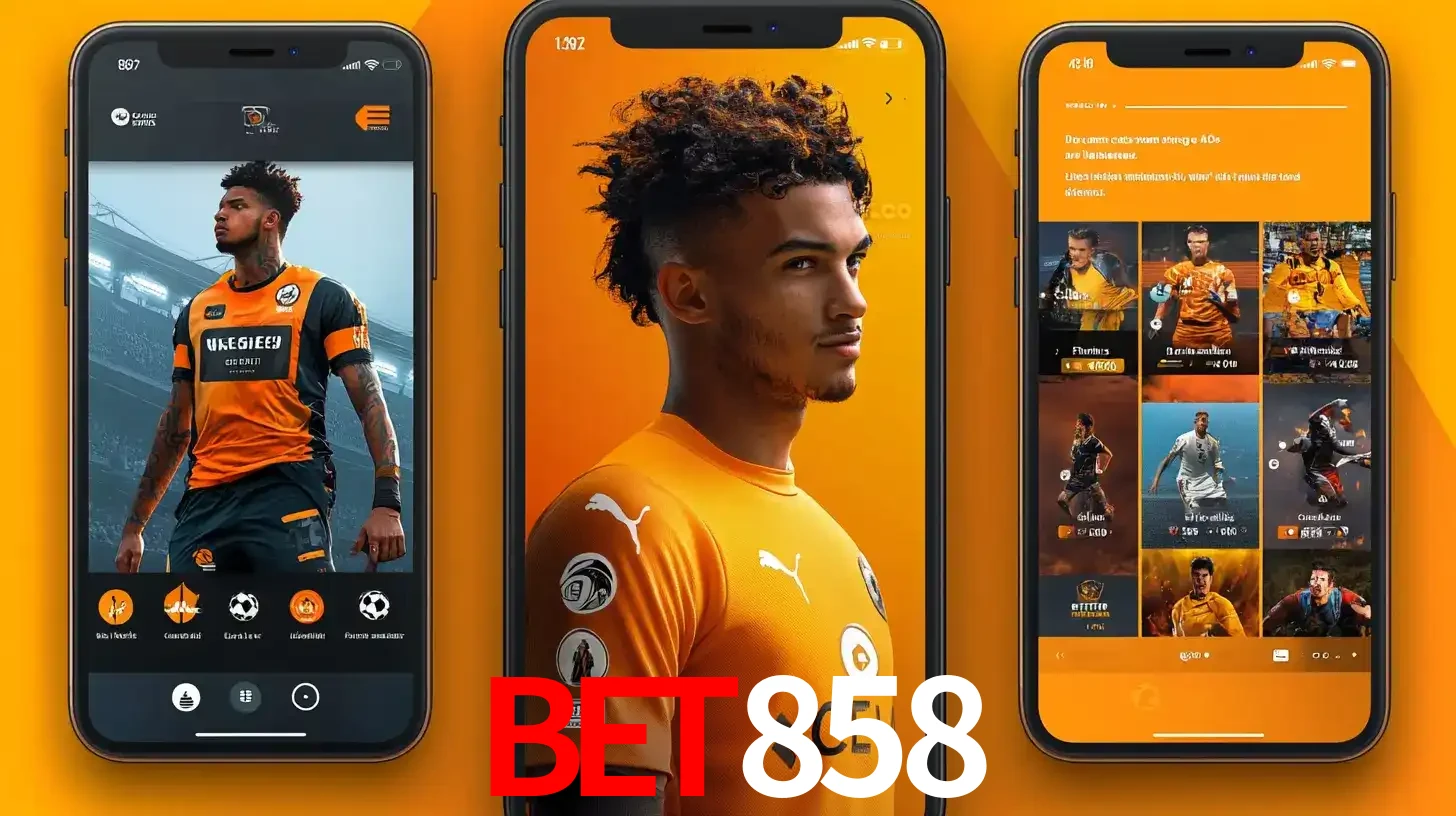 Interface do aplicativo de apostas esportivas BET858 em três telas de celular, mostrando o perfil de um jogador de futebol e a lista de jogos disponíveis para apostar.