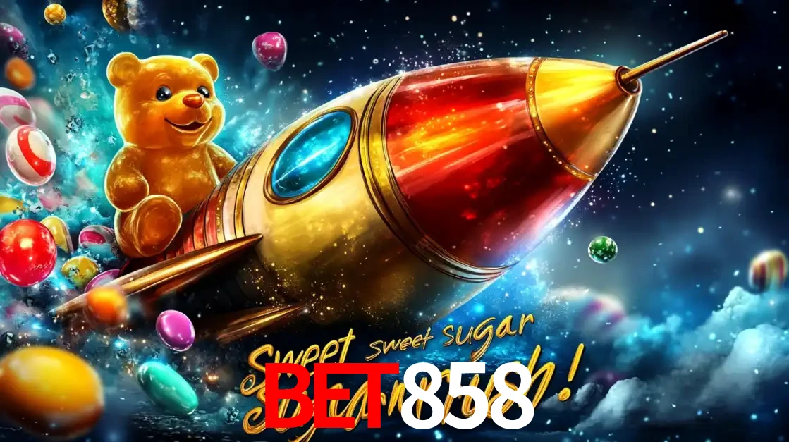 Arte promocional do jogo de slot Sugar Rush, com um urso de pelúcia em um foguete viajando pelo espaço de doces, um dos jogos divertidos disponíveis no cassino BET858.
