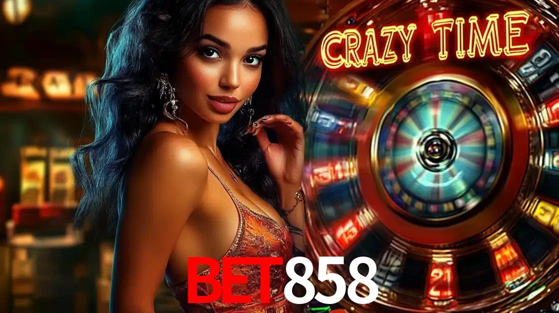 Mulher elegante ao lado da vibrante roda da fortuna do jogo de cassino ao vivo Crazy Time, um dos game shows mais populares e cheios de prêmios do BET858.