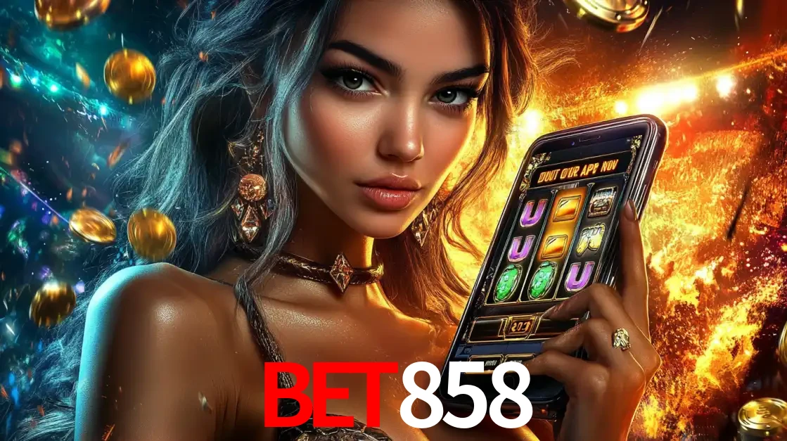 Mulher elegante mostrando um jogo de caça-níqueis em seu smartphone, destacando a experiência de cassino móvel oferecida pelo aplicativo BET858.