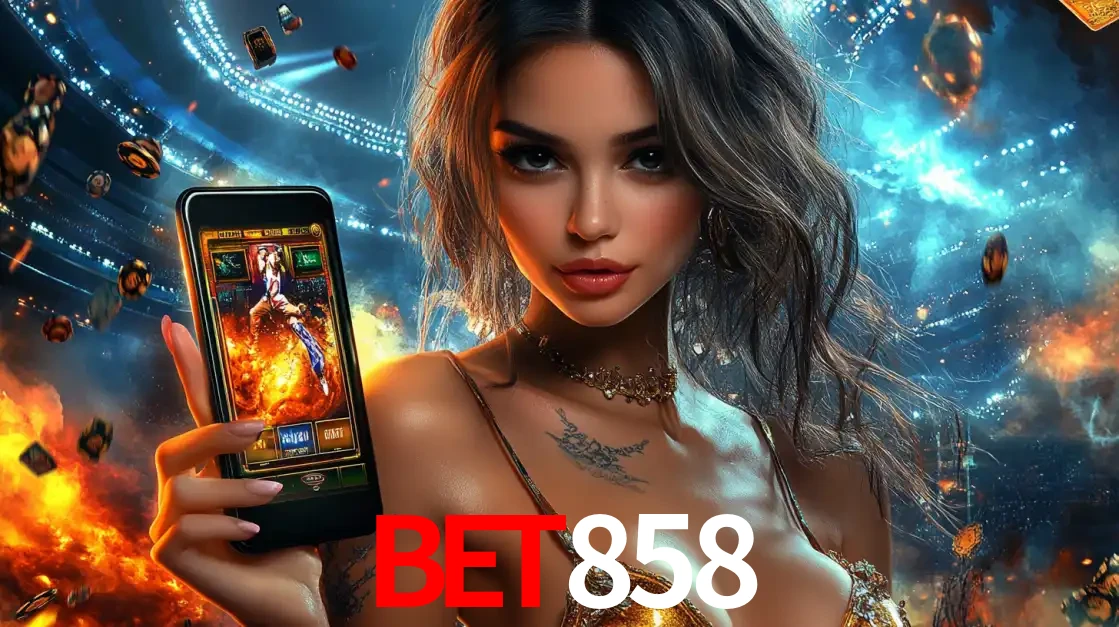 Mulher segurando um celular com um jogo de slot em destaque, tendo como fundo um estádio vibrante, simbolizando a emoção de jogar no cassino móvel BET858.