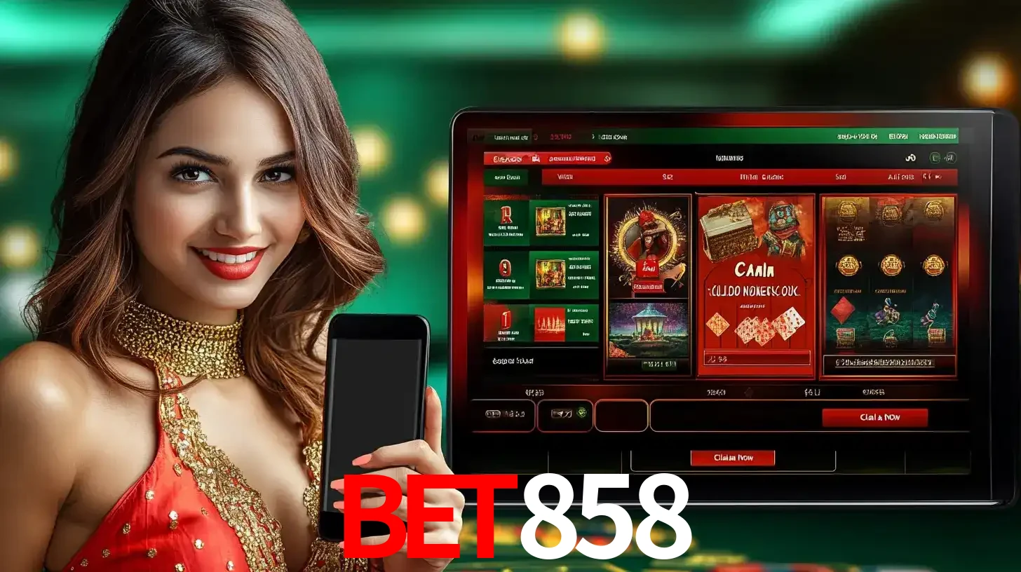 Mulher sorridente segurando um smartphone, ao lado de uma tela exibindo o lobby de jogos do cassino online BET858, com várias opções de jogos de cartas e slots.